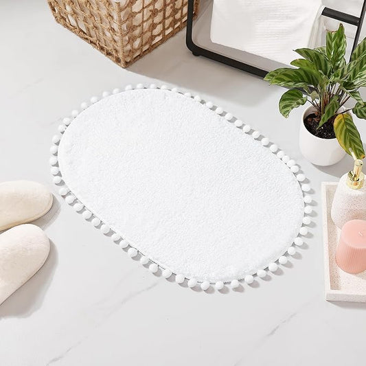 YIRDDEO Oval Rug for Bathroom, Cute Boho Bath Mat with Pom, White | Soft Plush, Absorbent, Quick Dry, Machine Washable, Non Slip Bath Mat for Bathroom Shower Floor Home Decor