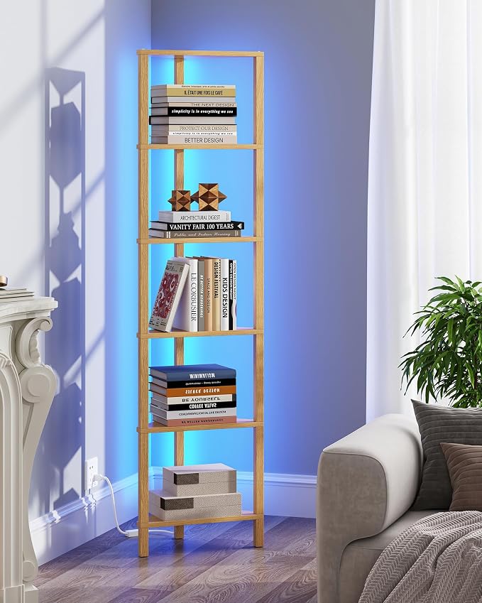 TUTOTAK Corner Shelf with LED Light, 6-Tier Corner Bookshelf | for Small Space, Narrow Display Corner Shelf Stand with Storage Rack, for Living Room, Bedroom, Natural BS05BN006L