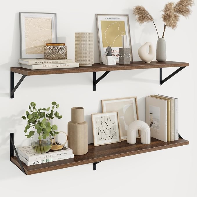 Deep Floating Shelves, 40'' x 10'' Walnut Wall Shelves Set of 2 | 10 Inch Deep Shelves with Heavy Duty Brackets, Rustic Wood Shelves for Bathroom Living Room, Engineered Wood, 40LBS