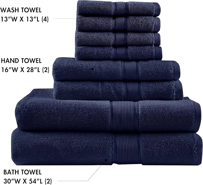 Madison Park 800GSM 100% Cotton Bathroom Bath Towel Set of 8, Dark Navy | Long Staple, Highly Absorbent, Durable Hotel Spa Quality, Quick Dry, Double Stitched Hems, Lint Reducing, OEKO-TEX Certified