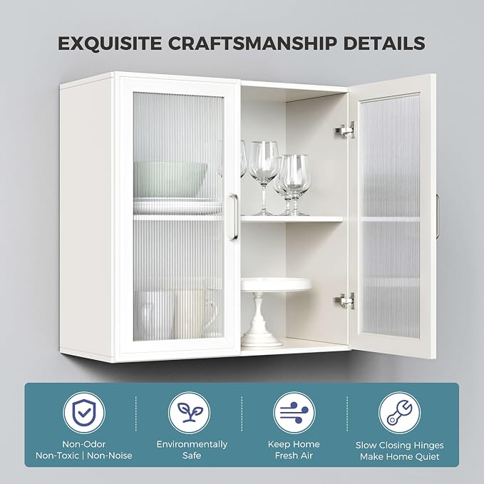 Medicine Wall Cabinet with Acrylic Glass Doors, Kitchen Wall Cabinets with Adjustable Shelf, 24” Laundry Room Wall Mounted Cabinet Set of 2, Bathroom Wall Cabinet with Light(White)