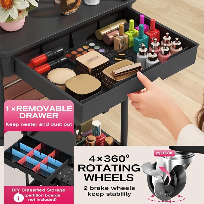 Goovilla Rolling Makeup Organizer Cart with Removable Drawer, 4 Tier Black | Stable Floor Skincare Storage Cart for Vanity, Cosmetic Display, Nail Polish, Perfume, Hair Stuff, Beauty, Bathroom(Plastic)