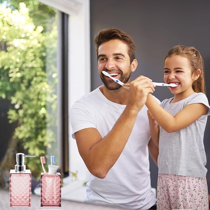 2 Piece Bathroom Accessory Set, Pink Soap Dispenser and Toothbrush Holder | Pink Bathroom Accessories Sets, Modern Bathroom Decor, Plastic Bathroom Sets