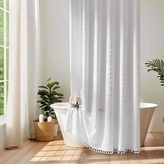 Siiluminisoy Boho Shower Curtain White Tassel Woven Fabric Short Shower Curtain 72 x 66 Modern Farmhouse Textured Tufted Chevron Striped Minimalist Bathroom Shower Curtains