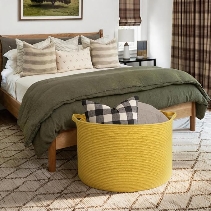 Extra Large 115L Yellow Basket, 23.6" x15.7 Cotton Rope Yellow Decor for Living Room Bedroom, Woven Basket for Blanket, Laundry, Towel, Shoe, Kids Toy Box Organizer, Room Decor Storage Bin