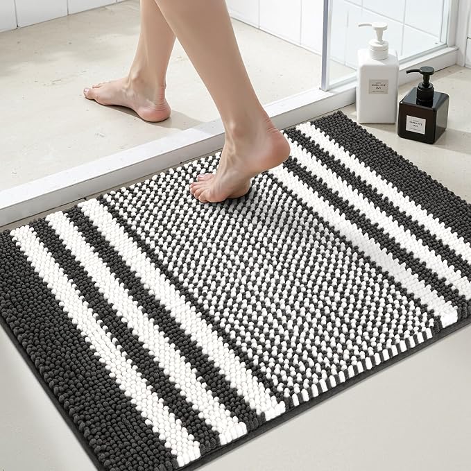 Bathroom Rugs, 30x20 Inch Extra Soft Absorbent Shaggy Chenille Bath Rugs, Non Slip Backing Quick Dry Machine Washable Modern Bath Mat for Bathroom Floor, Home Decor Accessories,Dark Grey