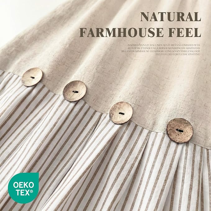 Farmhouse Shower Curtain Linen Button Beige Stripe 72" W x 75" L | Farmhouse Style, Chic Button, Striped, Linen Fabric, Rustic, Country, Natural Look, Washable, for Bathroom Bathtub