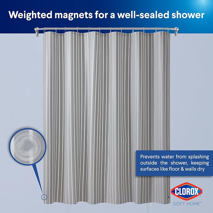 Clorox Shower Curtain Liner, Premium Striped Medium-Weight Durable Waterproof 6g PEVA for Bathroom with Weighted Magnets, Printed Standard Size 72" x 72", Grey