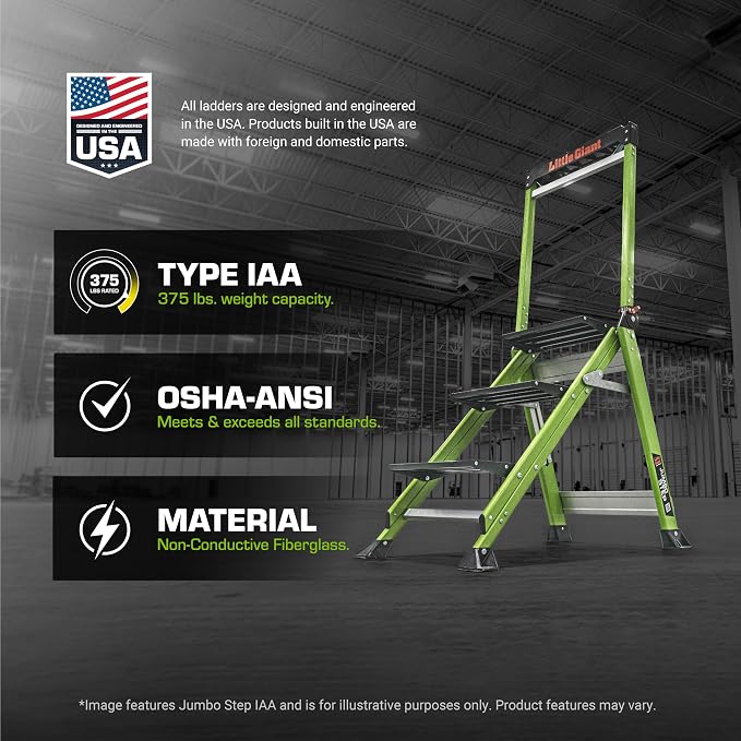 Little Giant Jumbo Step 3-Step Foldable 3 ft Fiberglass Stool, 11933 | Foldable Non-Conductive Fiberglass Step Stool, Extra-Wide Stair-Like Treads, Rotating Handrail, 375 lbs. Weight Capacity