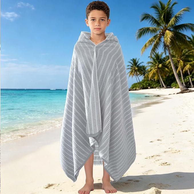 VOOVA & MOVAS Big Kids Hooded Bath Wrap, 8+, 100% Cotton, Thick, Gray White | Classic Horizontal Stripe, Soft, Absorbent & Quick Dry, Great for All Water Activities