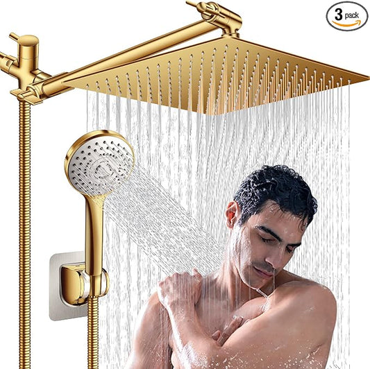 Shower Head,12'' Rain Shower Head with 11'' Extension Arm,Brushed Gold | 5 Settings High Pressure Handheld Shower Head Combo,Adjustable Powerful Shower Spray Against Low Pressure Water