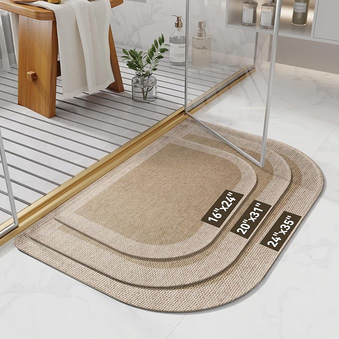 Half Circle Bath Mat, Thin Bathroom Rugs Fit Under Door, Brown 24x35 | Non Slip, Quick Dry Absorbent, Rubber Backing Washable, Semi Circle Bathmat for Bathroom Floor, Tub and Shower, Home Decor