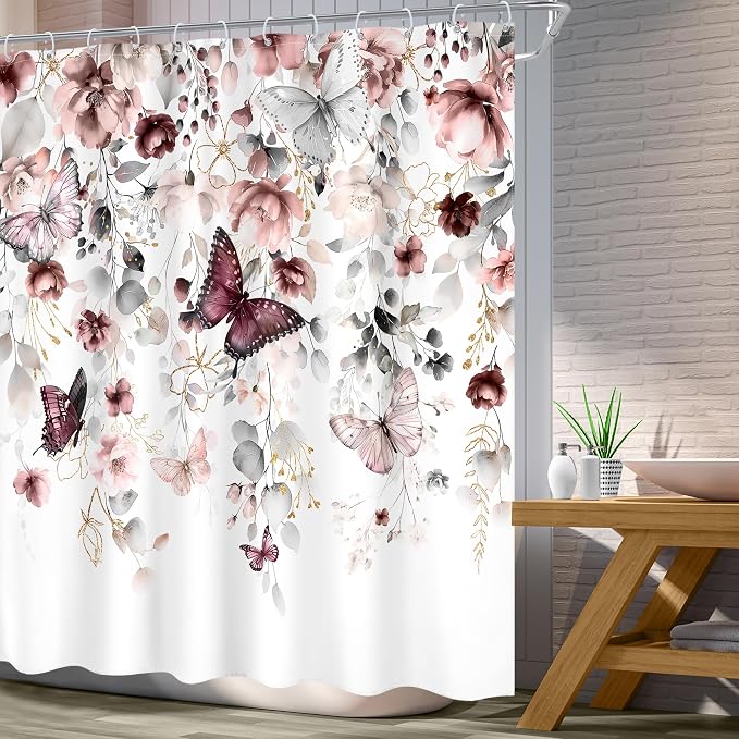Grey Pink Floral Butterfly Spring Summer Bathroom Shower Curtain Set | 72"W x 72"L Plant Natural design with waterproof HD artwork, quick-dry fabric and hooks for easy hanging.