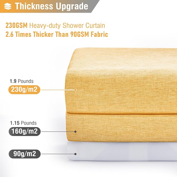 72x78 Linen Textured Waterproof Thick Fabric Shower Curtain Set, Gold | Long Size, 230GSM Polyester, Heavy Duty Cloth, Weighted Hem, 12 Plastic Hooks, Modern Luxury Hotel Style, Machine Washable