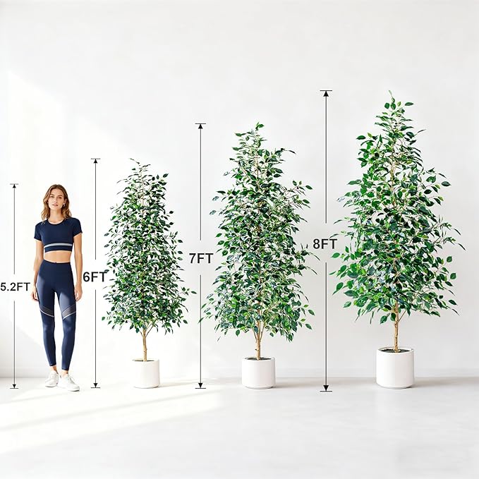 Bailikang 8FT Artificial Ficus Trees Indoor Faux Trees Indoor Fake Floor Plants Tall Artificial Tree with White Pot Faux Tree Fake Indoor Tree Silk Plants Artificial Trees for Home Decor Indoor
