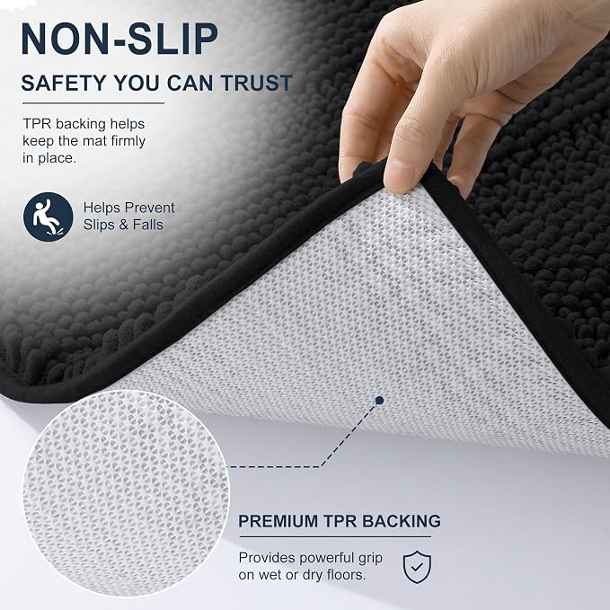 Smiry Thick Chenille Bathroom Rugs 36x24, Soft Absorbent Bath Mat, Black | Quick‑Dry & Machine Washable, Non‑Slip Bath Carpet, Striped Bath Rugs for Tub & Shower, Modern Home Decor Accessories