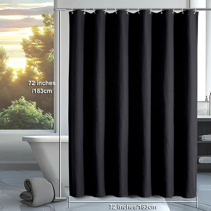 Black Shower Curtain Set, Waffle Textured Heavy Duty Fabric Shower Curtain for Bathroom, Luxury Hotel Weighted 230GSM Bath Curtain with 12 Plastic Hooks, Machine Washable, 72x72