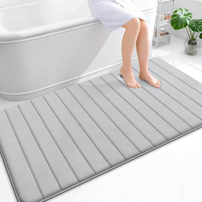 OLANLY Memory Foam Large Bath Mat 59x34, Super Soft Absorbent Bathroom Rugs | Light Gray, Quick Dry Bath Rug, Machine Washable Shower Floor Mats, Bathmat Carpet for Bathroom Floor, Tub and Shower