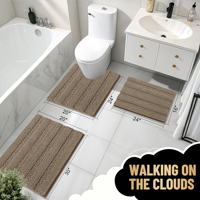 OLANLY Thick Bathroom Rugs 36x24, Soft Chenille Striped Bath Rugs, Tan | Rubber Backing, Machine Wash, Extra Absorbent Bath Mats for Bathroom Floor, Tub and Shower, Home Decor Accessories