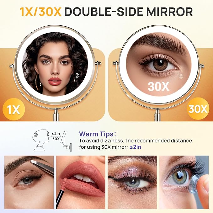 9" Wall Mounted Lighted Makeup Mirror, 30X/1X Magnifying Mirror with Lights | 3000mAh Rechargeable, Touch Control, 3 Color Brightness Dimmable, Extendable Arm 360°, Brushed Nickel