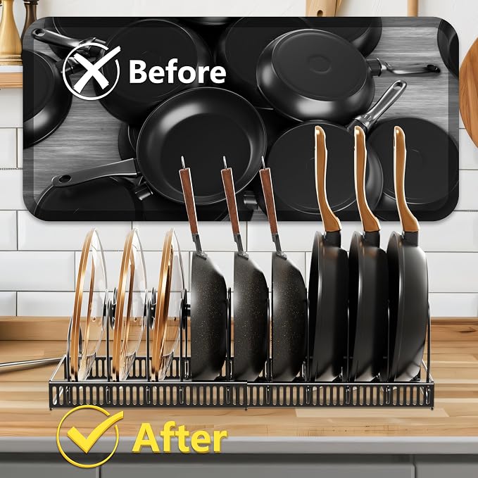 Pots and Pans Organizer Rack for Under Cabinet Expandable Pot Lid holders inside Organizer 10 Adjustable Divider Pan organizer 11.81''-22.85'' Pan lid organizer for cabinet Organizer for Bakeware