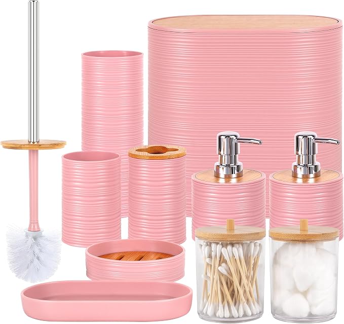 10 PCS Pink Bathroom Accessories Set with Trash Can Bathroom Accessory | All-in-One Kit with Trash Can,Toothbrush Holder,Soap Dispenser,Toothbrush Cup,Vanity Tray,Soap Dish,Toilet Brush etc for Home