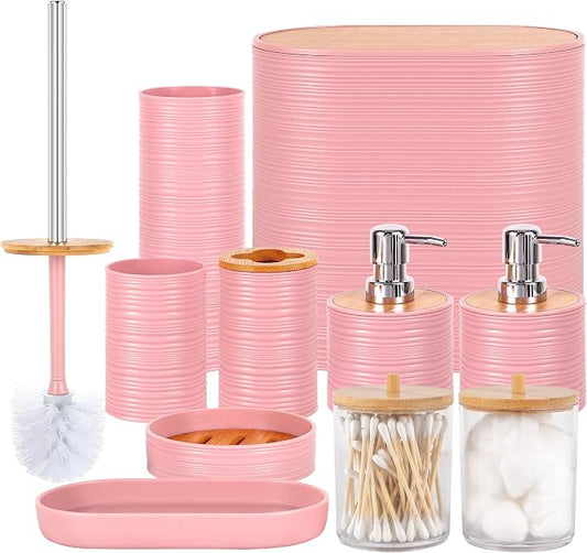10 PCS Pink Bathroom Accessories Set with Trash Can Bathroom Accessory | All-in-One Kit with Trash Can,Toothbrush Holder,Soap Dispenser,Toothbrush Cup,Vanity Tray,Soap Dish,Toilet Brush etc for Home