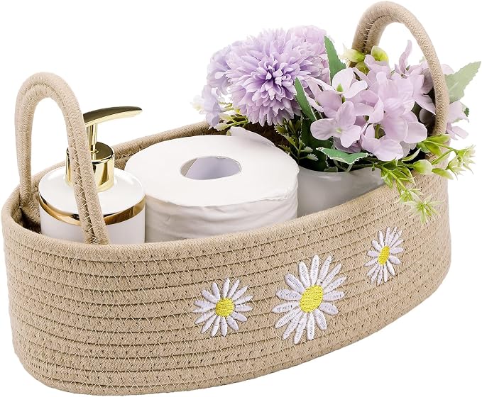 Vesici Daisy Toilet Basket Woven Cotton Rope Bathroom Organizer | Beige Daisy Bathroom Decor, Countertop Organizer with Handle, Nursery Closet Storage, 13 x 6 x 4 Inch
