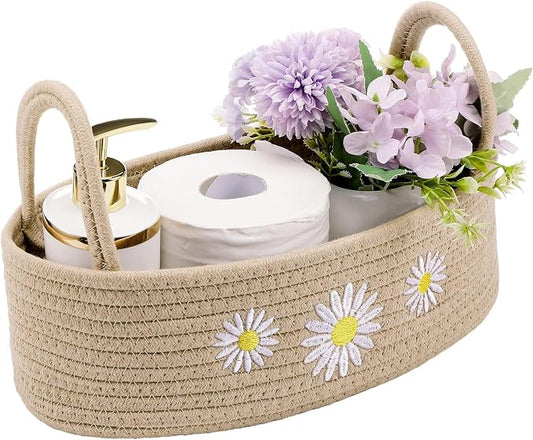 Vesici Daisy Toilet Basket Woven Cotton Rope Bathroom Organizer | Beige Daisy Bathroom Decor, Countertop Organizer with Handle, Nursery Closet Storage, 13 x 6 x 4 Inch