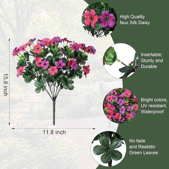 Artificial Flowers for Outdoor Indoor Garden Home Decoration, Faux Flower Daisy with Fabric Azalea Leaves Fake Plants Greenery Porch Patio, 4 Bundles (Purple Pink)
