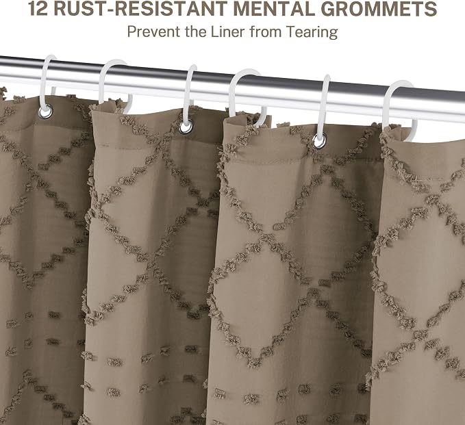 Siiluminisoy Boho Farmhouse Shower Curtain Woven Fabric Khaki Shower Curtain, 72 x 78 Tufted Chevron Textured Striped Modern Farmhouse Minimalist Shower Curtains for Bathroom