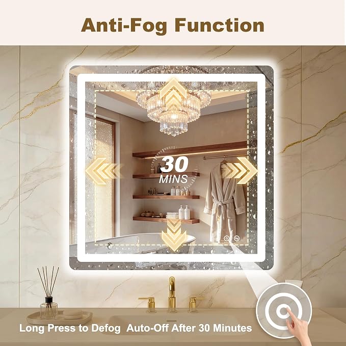 LED Bathroom Mirror with Lights, 30" x 30" Lighted Vanity Mirror | Frontlight+Backlit, 3 Colors Dimmable Brightness, Anti-Fog, Memory Function, Shatterproof Tempered Glass, Horizontal/Vertical