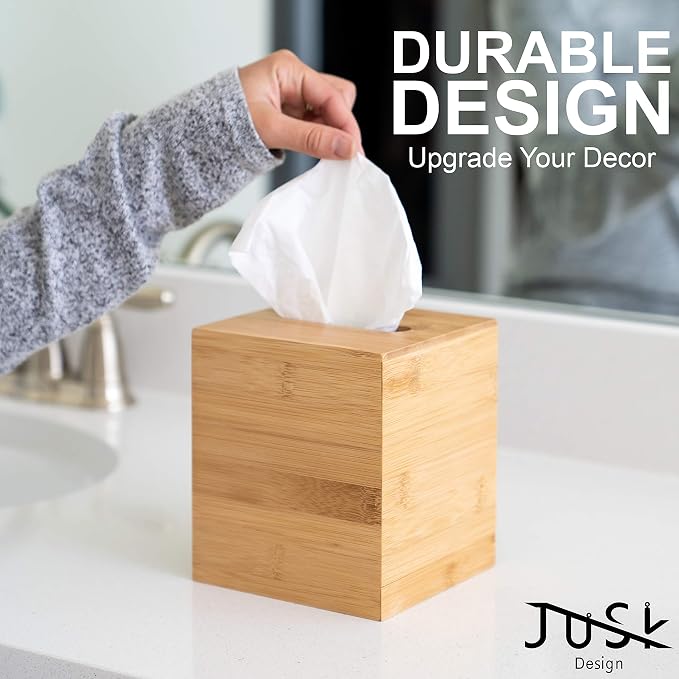 Design Tissue Box Holder - Modern, Minimalist, Durable Wooden Bamboo Box with Sliding Bottom, Easy-Refill - Premium-Quality Bamboo Cover, Square