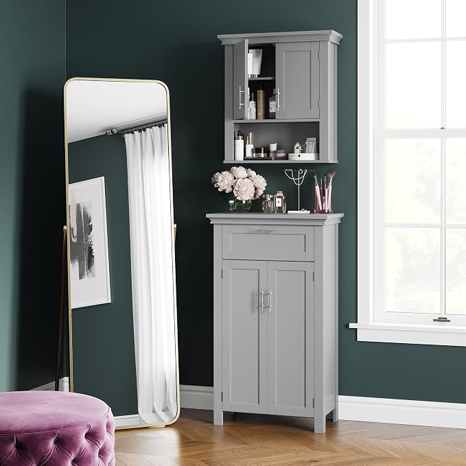 RiverRidge Somerset Two-Door Bathroom Storage, Gray Wall Cabinet, Grey, Set 1 | Open Display Shelf, Adjustable Interior Shelf, Two-Tone Handles, Space-Saving, Laundry Storage