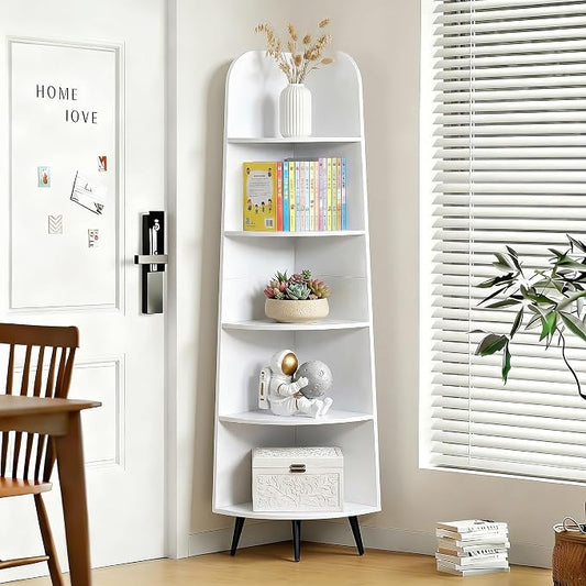 VECELO Large Tall Corner Shelf, 66.93" H 5-Tier Corner Storage Organizer, Freestanding Corner Display Rack for Living Room Bedroom Home Office, White