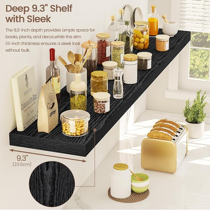 Vivelove Floating Shelves 9 inch Deep 48”Long Set of 1, Black | Easy Install With Hardware, 1.5" Thick, Invisible Brackets, Wall Mounted, No Sagging, For Any Room