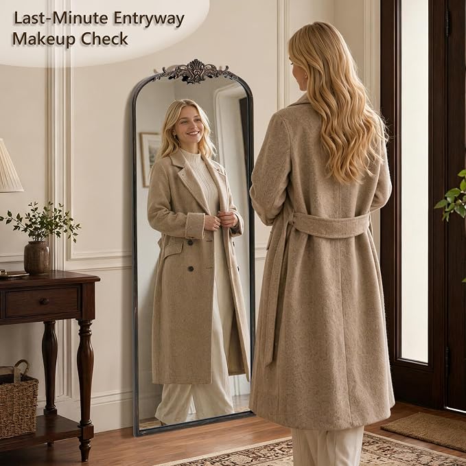 Besdomus Vintage Mirror Full Length: 21"x56" Black Long Arched Body Mirrors | French Floor Standing Metal Framed - Antique Baroque Traditional Ornate - Ideal for Foyer/Cloakroom/Bedroom/Dressing Room