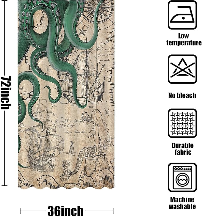 Fungarth Stall Vintage Green Nautical Octopus Shower Curtain Mermaid Funny Ocean Kraken Shower Curtains for Bathroom Cool Anchor Coastal Map Waterproof Fabric Bath Curtain Decor (Retro2, 36” x 72”)