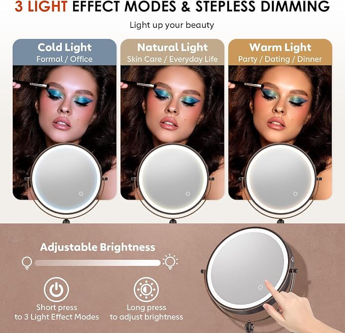 9" Wall Mounted Lighted Makeup Mirror,4000mAh Rechargeable Double Sided 1X/30X Magnifying Mirror with Light,Touch Dimmable,Extended Arm 360 Rotation Wall Mounted Makeup Mirror 3 Color Lights-Bronze