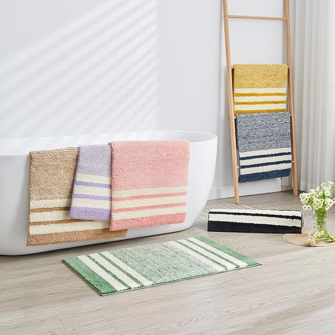 CozeCube Sage Green Striped 36"x24" Non Slip Washable Bath Mat | For Bathroom, Fluffy Absorbent Microfiber Bath Mats Machine Wash, Stylish Large Aesthetic Bathroom Rugs