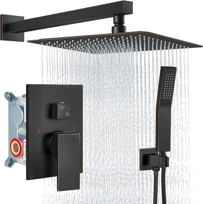 Aolemi Shower Faucet Set with Handheld Oil Rubbed Bronze 16 Inch Head | Pressure Balance Shower Valve and Trim Kit,SUS304 Rain Head and Handle System,All Metal,Wall Mount,Bathroom,Handheld Spray
