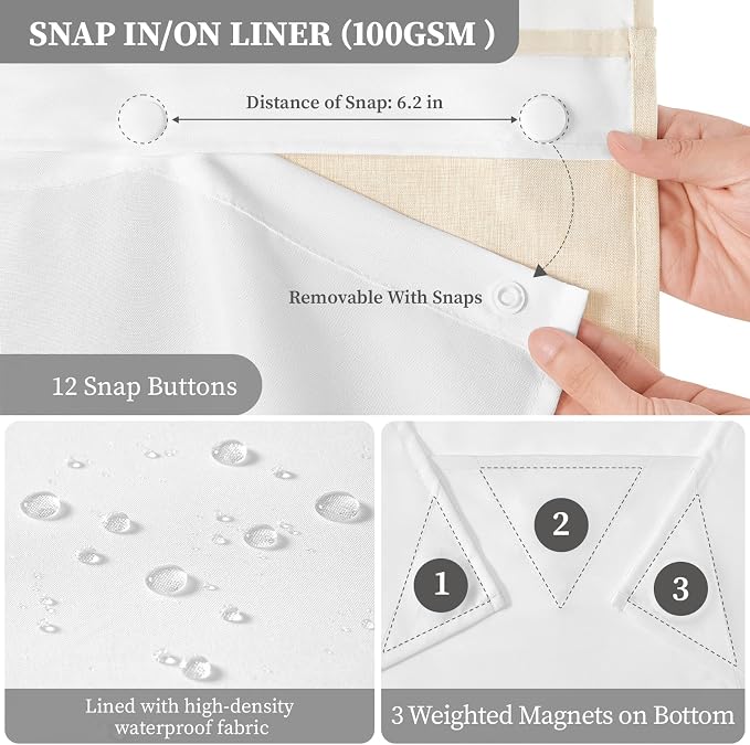 54x81 Ringless Linen Textured Shower Curtain with Snap in Liner, Cream | Narrow Long Size, 3 in 1 Shower Curtain, Removable Liner, Waterproof & Washable, Mesh Top Window, Durable Fabric, Easy Setup