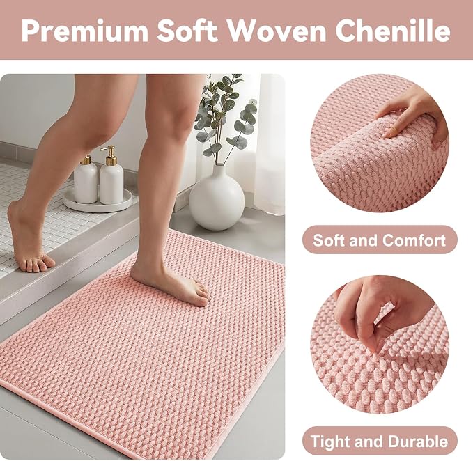 Triohero Bathroom Rugs Non Slip Washable, Super Absorbent Thin Bath Mat Small Quick Dry Low Pile Bathroom Rug, Pink 16"x24"