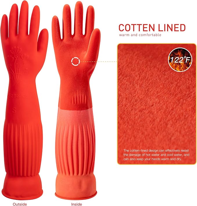 ThxToms Rubber Dishwashing Cleaning Gloves (2-Pair) - Fleece Lined | Reusable Long Dish Gloves for Washing Dishes, Waterproof Kitchen Gloves with Extra-Long Cuff & Anti-Slip Design, Medium