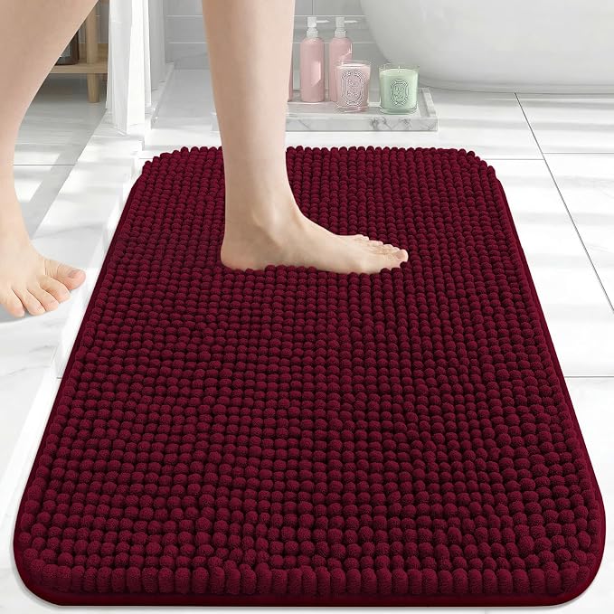 Arotive Chenille Bathroom Rugs 24x16, Soft Absorbent Bath Mat, Burgundy | Rubber Backing, Machine Washable Dry Bath Mats for Bathroom Floor, Tub and Shower, Home Decor Accessories