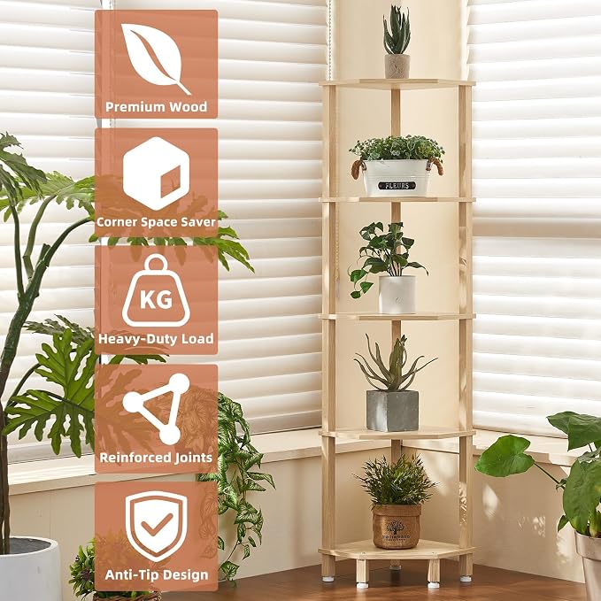 YUFAM 5-Tier Corner Shelf, Natural | Wooden Corner Bookshelf for Small Spaces, Corner Standing Shelf with Sturdy 5-Leg Base for Bathroom