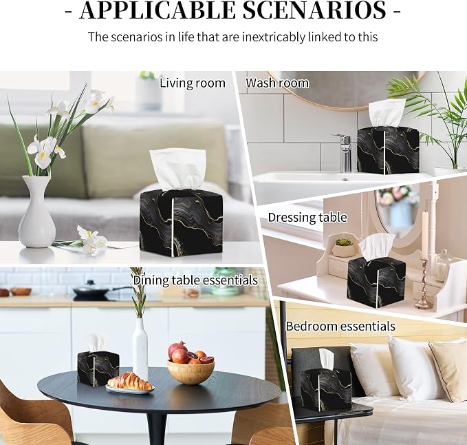 Black Gold Marble Tissue Box Cover Square, Abstract Marble Texture Tissue Box Holder Waterproof Leather Facial Paper Organizer Dispenser for Bathroom Home Car Nightstand Vanity Desk