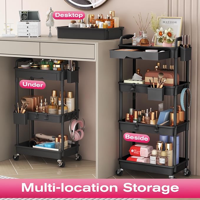 Goovilla Rolling Makeup Organizer Cart with Removable Drawer, 3 Tier Black | Stable Floor Skincare Storage Cart for Vanity, Cosmetic Display, Nail Polish, Perfume, Hair Stuff, Beauty, Bathroom(Plastic)