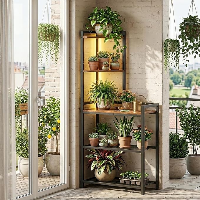 HOOBRO 5-Tier Corner Shelf Stand, Corner Shelf with LED Light, 56.3" Tall Corner Bookshelf, Display Rack Storage Organizer with Table, for Small Spaces, Living Room, Entryway, Rustic Brown BF69DCJ01