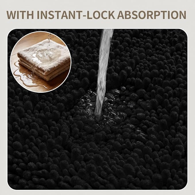 Toilet Rugs U-Shaped Mat 24x24, Contour Bathroom Mat - Ultra Soft & Absorbent Chenille, Quick-Dry, Machine Washable with Non Slip Barrier Backing, Black